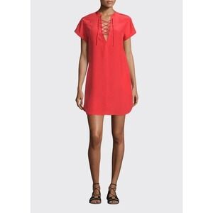 FRAME Denim Womens XS Le Lace Up Silk Shift Dress Blood Orange Short Sleeve